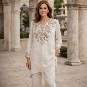 Oatmeal/Pink Neutral Cool Linen Long Tunic Quiet Luxury 3D Swirl Embroidery Sz L
